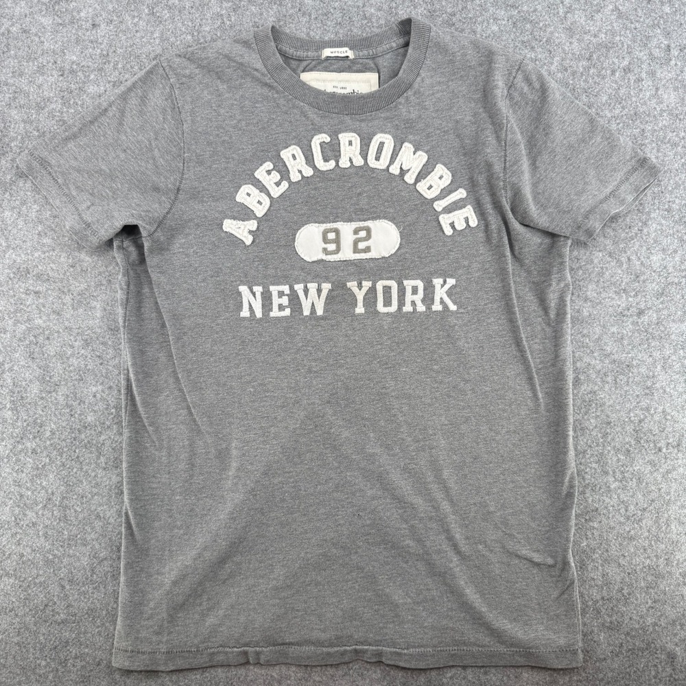 Y2K Abercrombie & Fitch T Shirt Mens M Muscle Fit Gray New York 92 Applique EUC